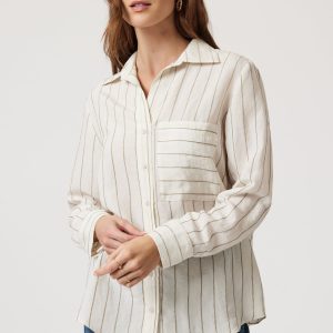 POCKET LONG SLEEVE SHIRT IN KHAKI STRIPE