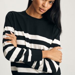 EDITION MERINO WOOL CREW NECK SWEATER IN BLACK WHITE STRIPE
