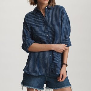 LINEN LONG SLEEVE BUTTON-UP SHIRT IN NAVY STRIPE